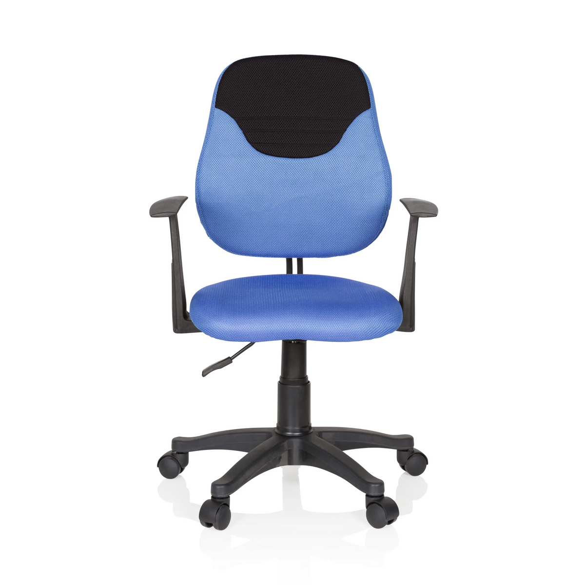 Blue Swivel Chair – Children KIDDY STYLE with mesh back, armrests and five-caster base by hjh OFFICE – 360-degree view (front view 0°)
