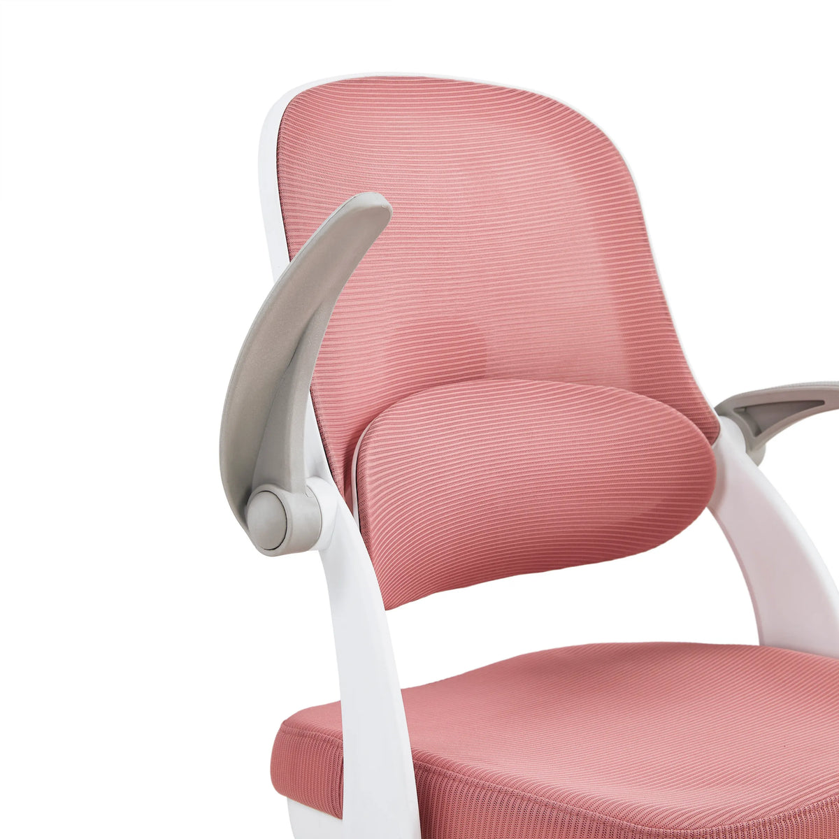 Pink textured fabric cover and grey armrest of the Kiddy Smart Step swivel chair for children by hjh OFFICE