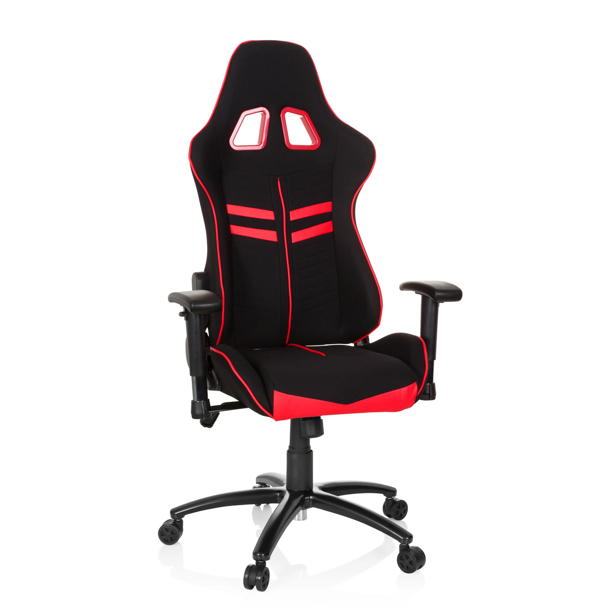 Black and red Gaming chair LEAGUE PRO I with two headrest openings and five-caster base by hjh OFFICE – 360-degree view (front view 20°)