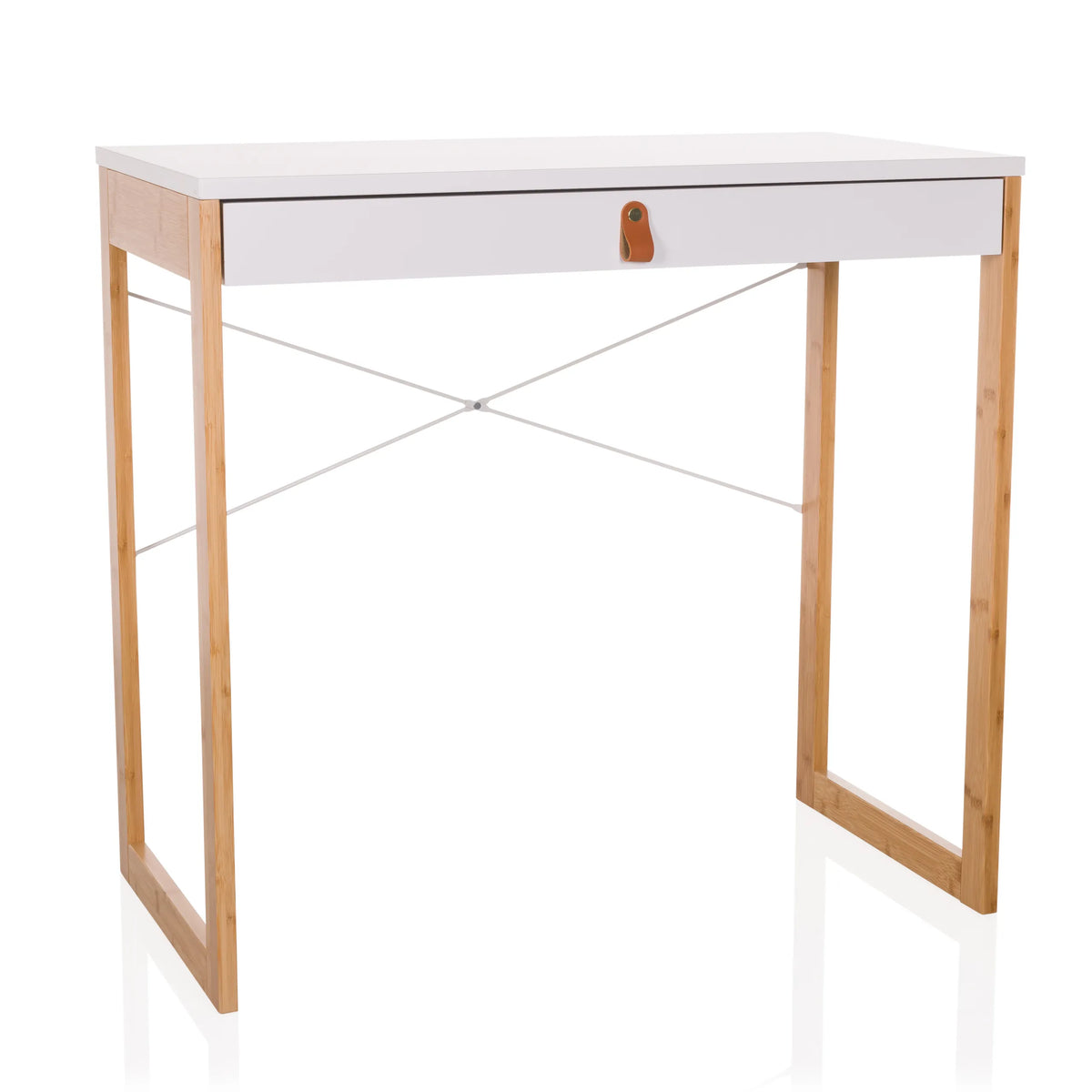 White Office Desk TAROLO II with one drawer, brown leather handle and wooden legs by hjh LIVING – 360-degree view (front view 15°)