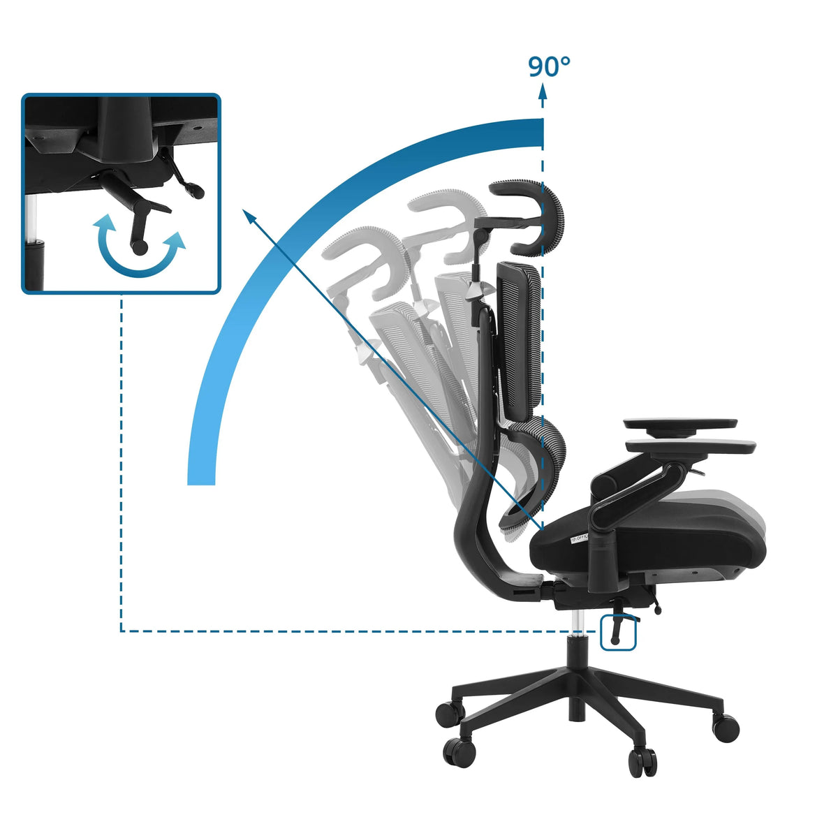 Adjustable backrest of the Professional Office Chair Ergo U2 Flex3 with a tilt angle of up to 90° by hjh OFFICE