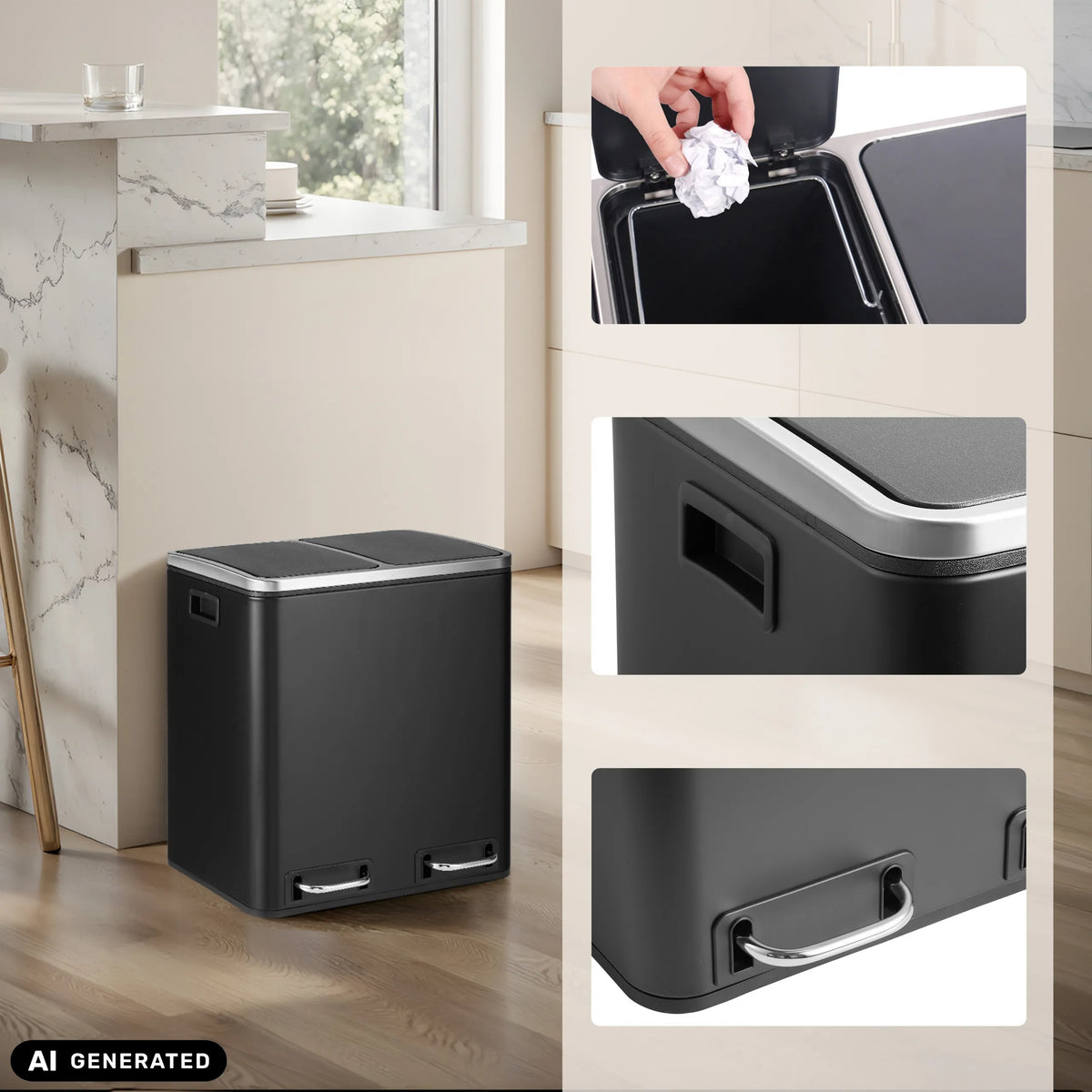 Clean 9 wastepaper bin in black with two compartments and handles by hjh OFFICE (AI-generated image)