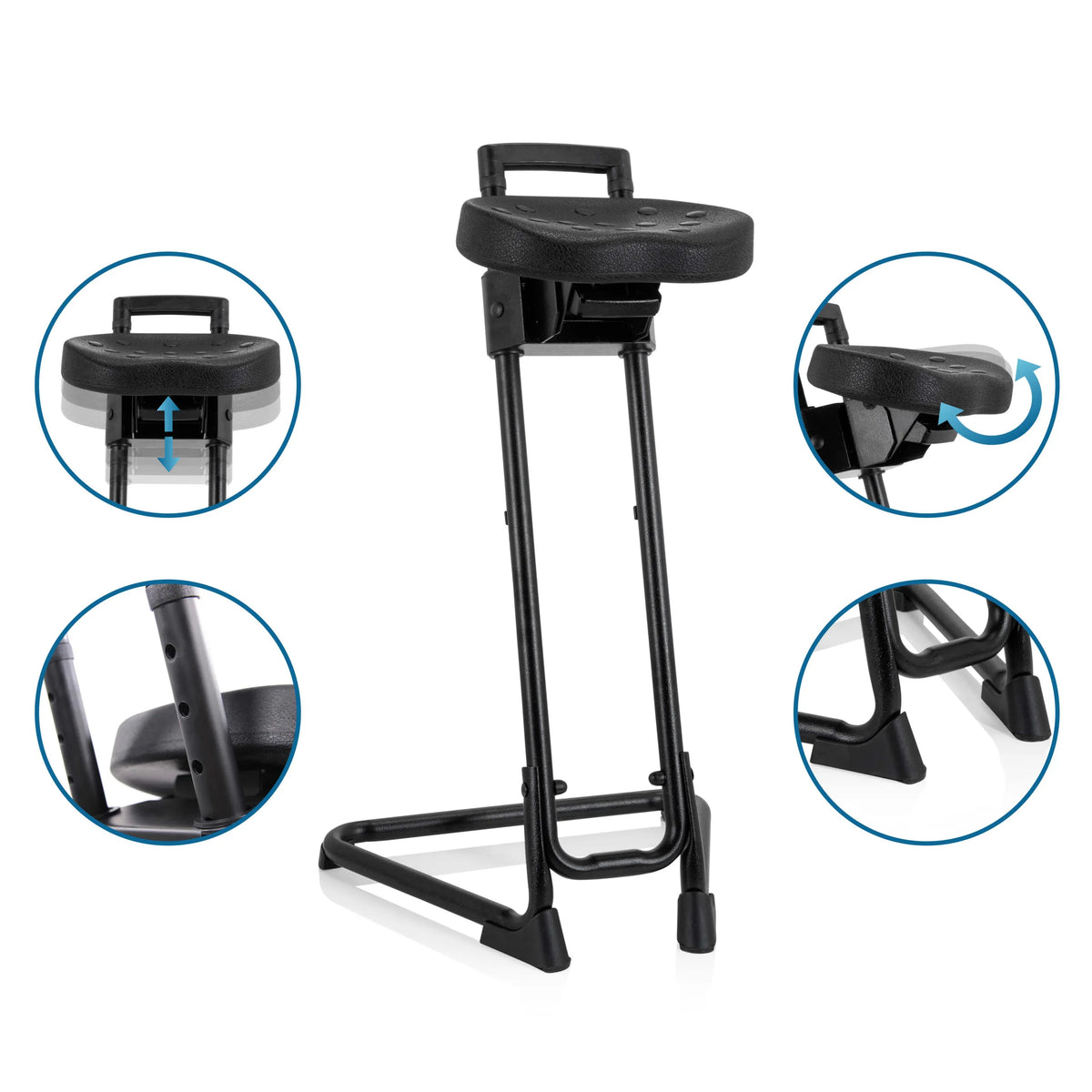 Height and tilt adjustment of the TOP WORK 32 standing aid in black with detailed views of the mechanism by hjh OFFICE