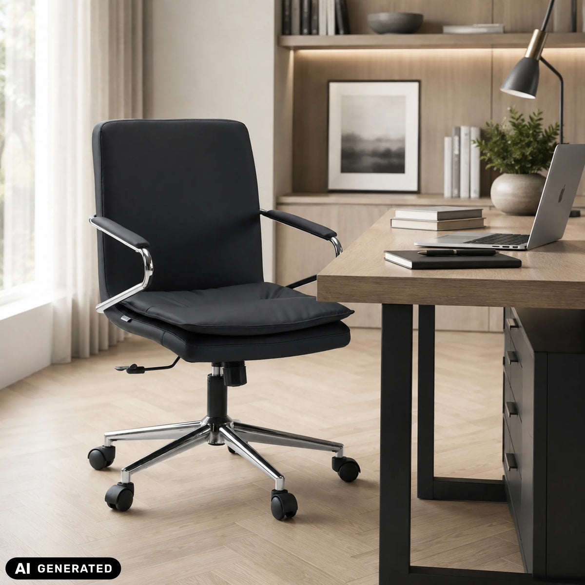 Black Rovento Home Office Chair with armrests and five-star base on castors by hjh OFFICE (AI-generated image)