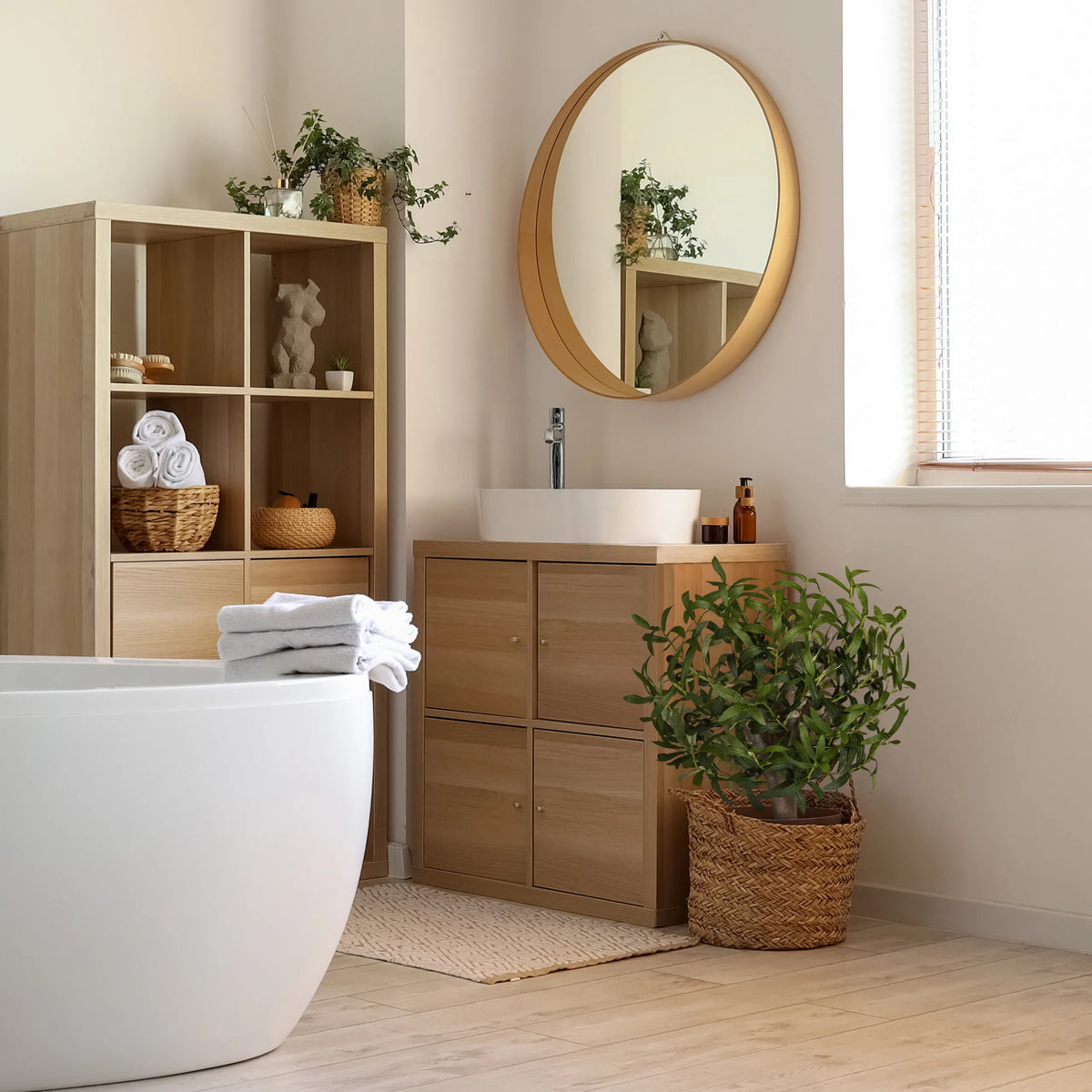 Green artificial plant Olive S in a woven basket next to a bathroom furniture piece by hjh OFFICE