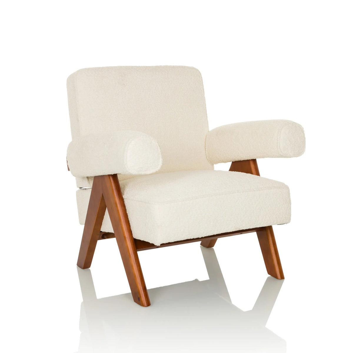 White Lounge Chair POOLY with textured upholstery and dark wooden legs by hjh LIVING – 360-degree view (front three-quarter view 30°)