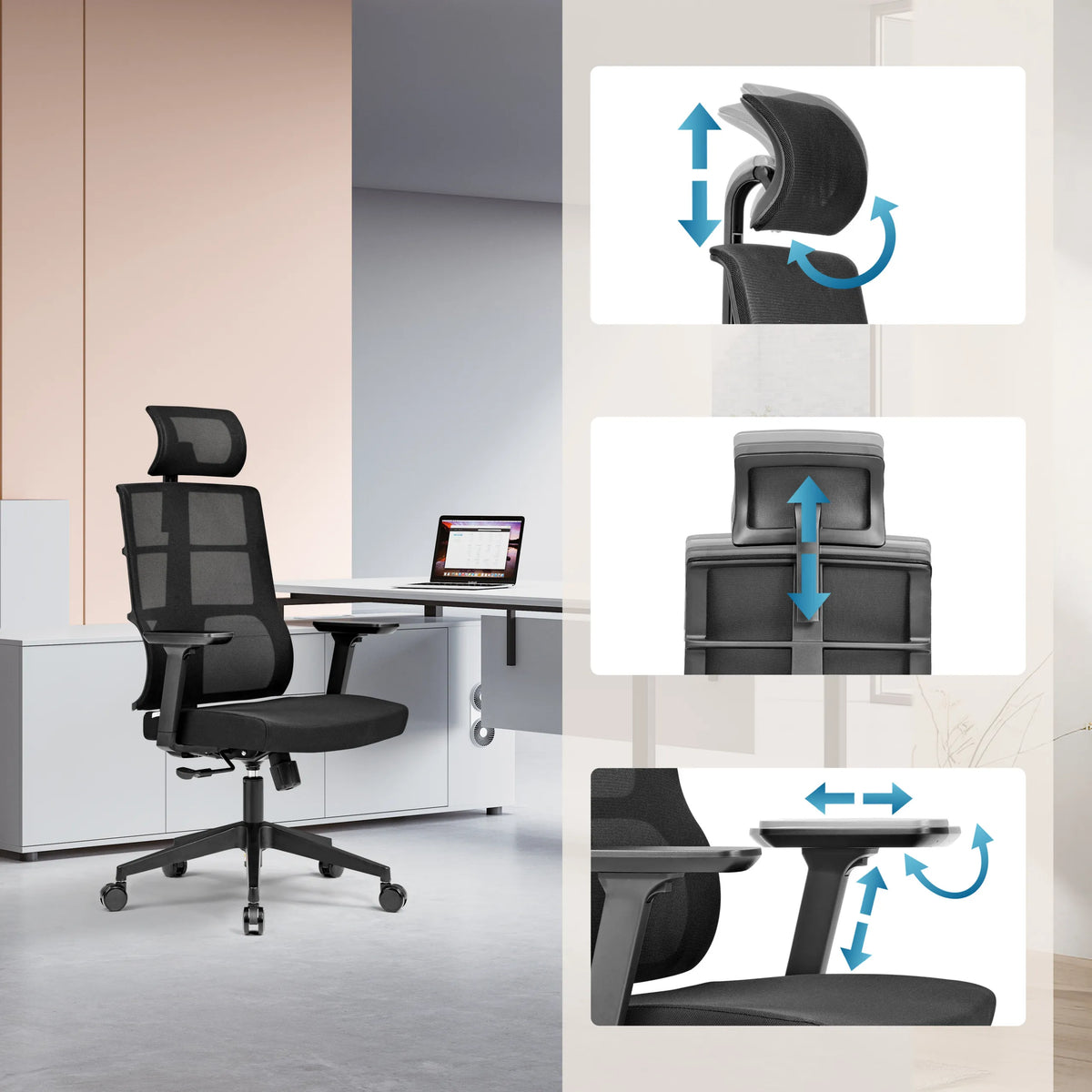 Adjustable headrest, backrest and armrests of the Professional Office Chair SPINIO PRO by hjh OFFICE