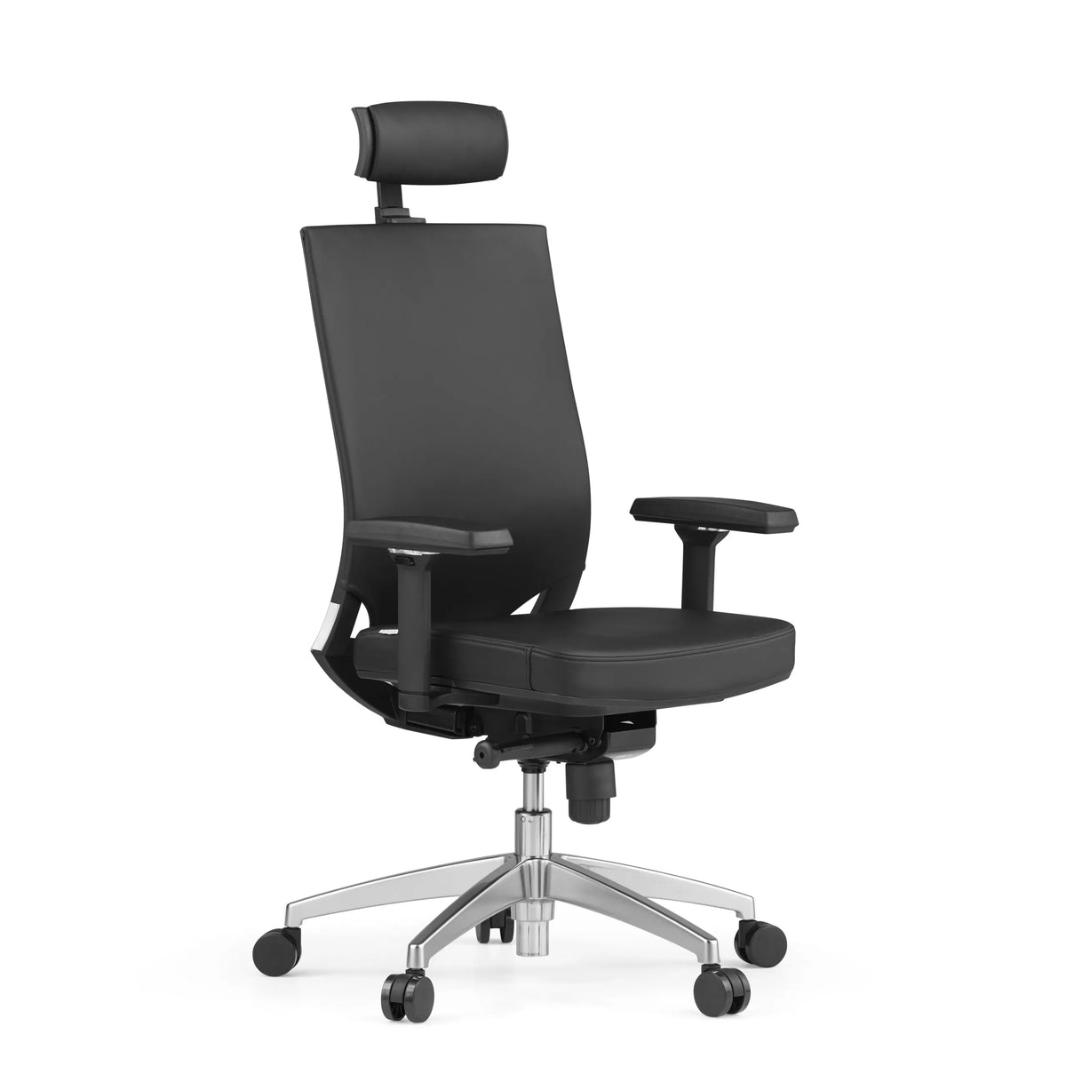Black Professional Office Chair PORTO MAX HIGH made of leather with headrest and five-caster base by hjh OFFICE – 360-degree view (front three-quarter view 45°)