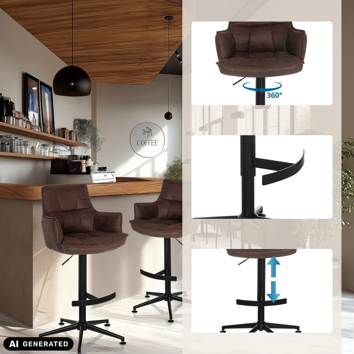 Brown SOLAO LIFE HIGH bar stool with gas lift, footrest and 360-degree swivel function by hjh LIVING (AI-generated image)