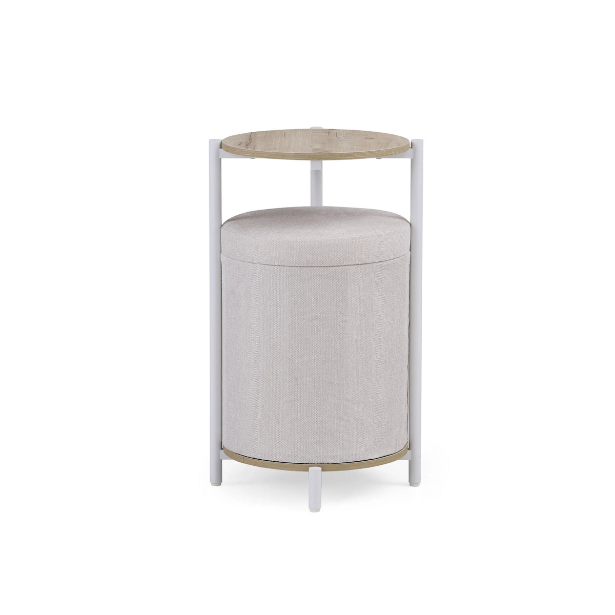 Nestup 1 side table in white and oak with round tabletop and integrated upholstered stool by hjh LIVING – 360-degree view (front view 0°)