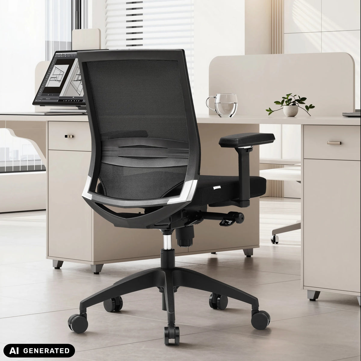 Black professional office chair PORTO BASE with mesh backrest and armrests by hjh OFFICE (AI-generated image)