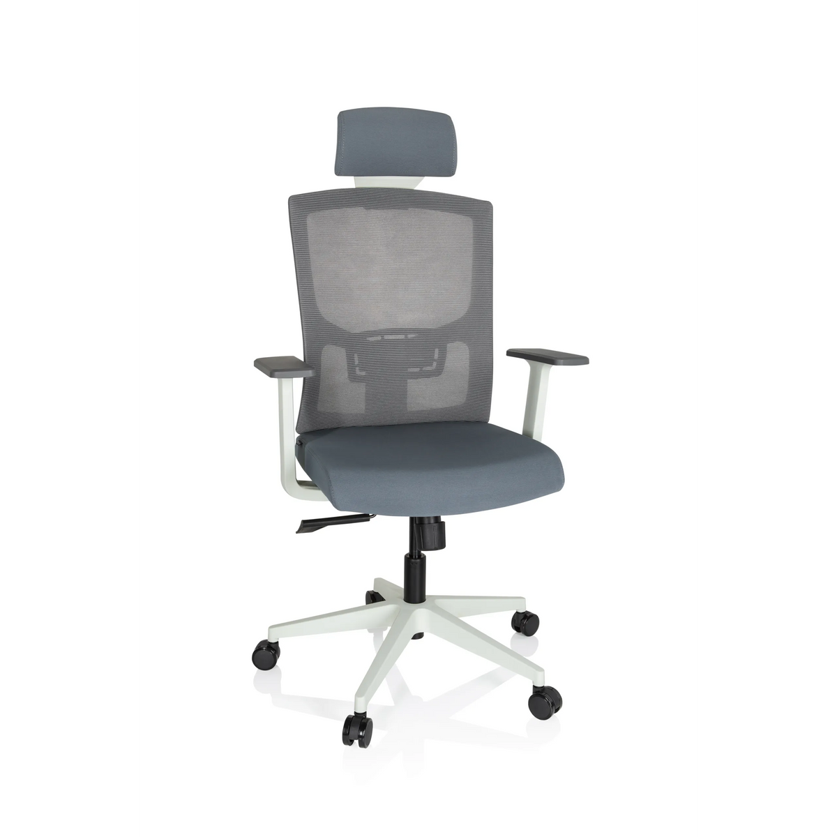 Grey Professional Office Chair CAPTIVO BASE W with mesh back, headrest and white five-caster base by hjh OFFICE – 360-degree view (front view 20°)