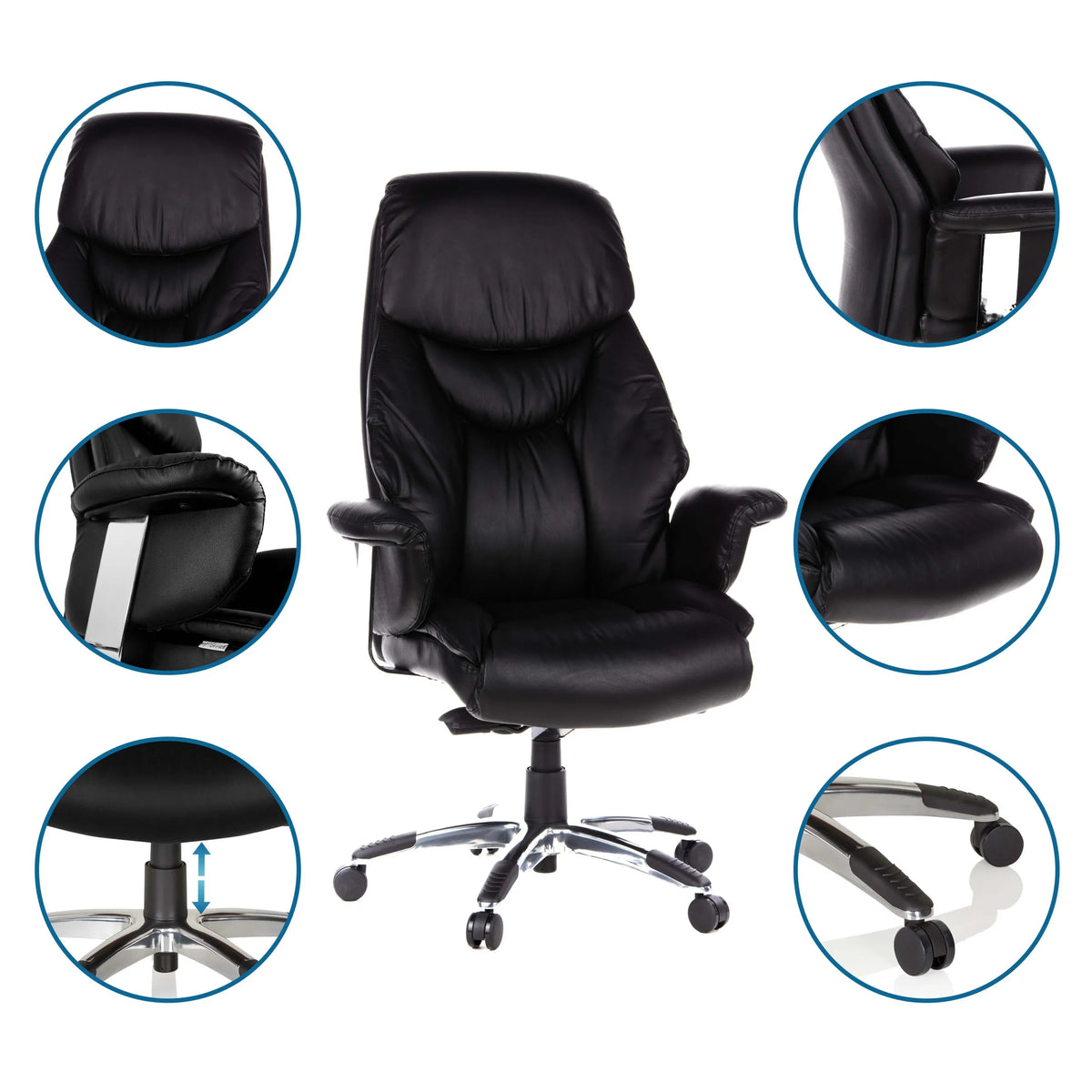 Luxury Executive Chair PRADO in black with detailed views of the headrest, armrest, seat and base by hjh OFFICE