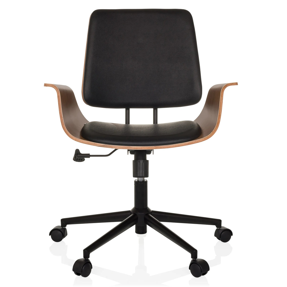 Black Home Office Chair CENCA II with wooden shell and five-caster base by hjh LIVING – 360-degree view (front view 0°)