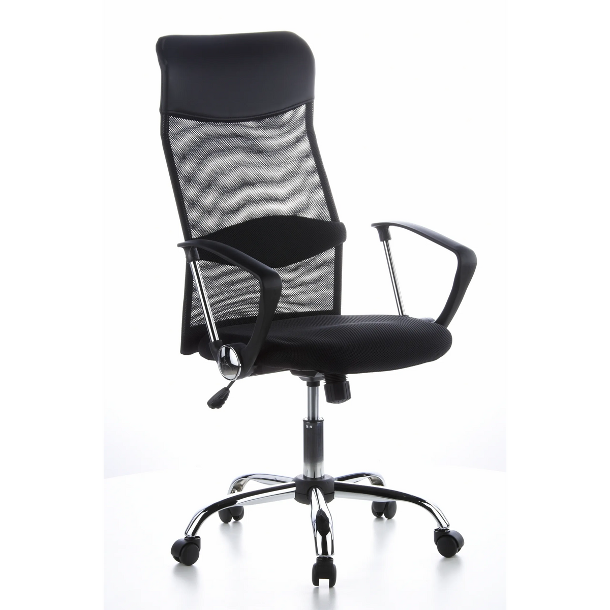 Black Home Office Executive Chair ARIA HIGH with mesh back and five-caster base by hjh OFFICE – 360-degree view (front three-quarter view 40°)