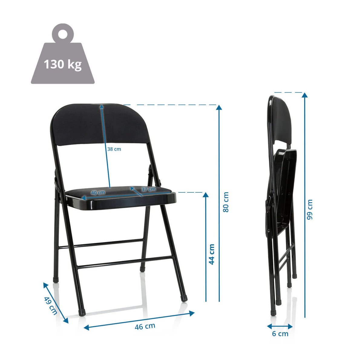 Dimensional drawing of the Folding chair TUDELA II with a total height of 99 cm and a load capacity of 130 kg by hjh OFFICE