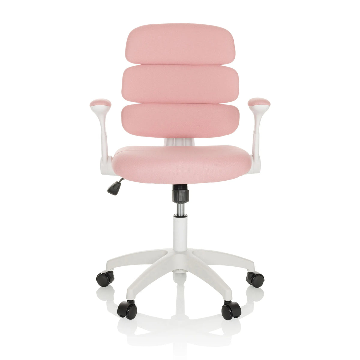 Pink Swivel Chair – Children KID ERGOLINO W with segmented backrest and white five-caster base by hjh OFFICE – 360-degree view (front view 0°)