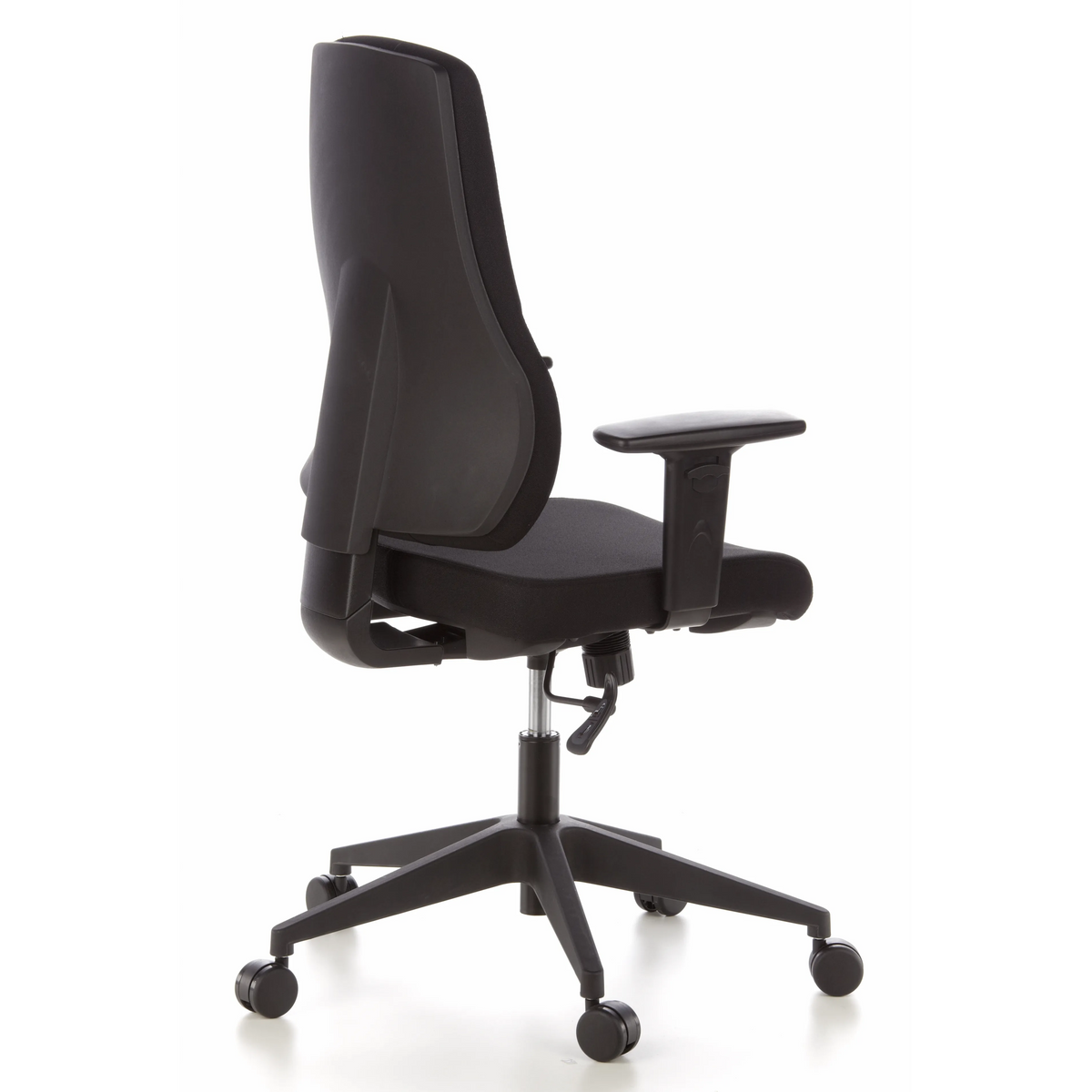 Black Professional Office Chair PRO-TEC 100 with armrests and five-caster base by hjh OFFICE – 360-degree view (rear three-quarter view 120°)