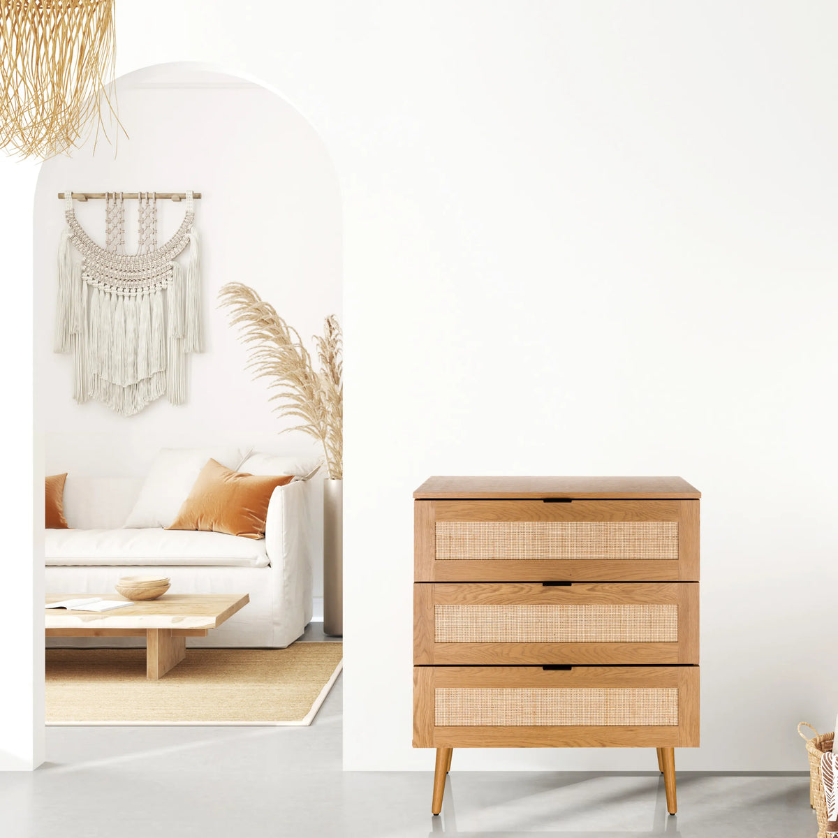 Chest of drawers BOHEO K made of oak with three drawers and Vienna mesh by hjh LIVING