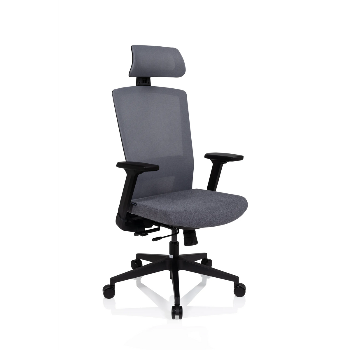 Grey Professional Office Chair CAPTIVO with mesh back, headrest and five-caster base by hjh OFFICE – 360-degree view (front three-quarter view 40°)