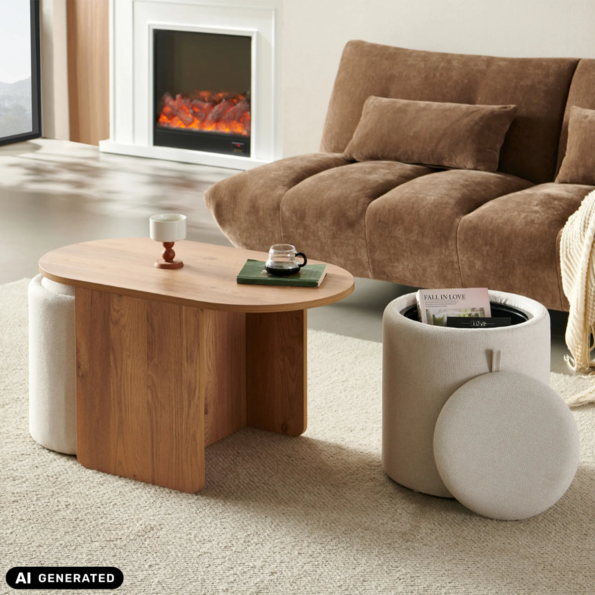 Nestup side table in walnut look with white upholstered element by hjh LIVING (AI-generated image)