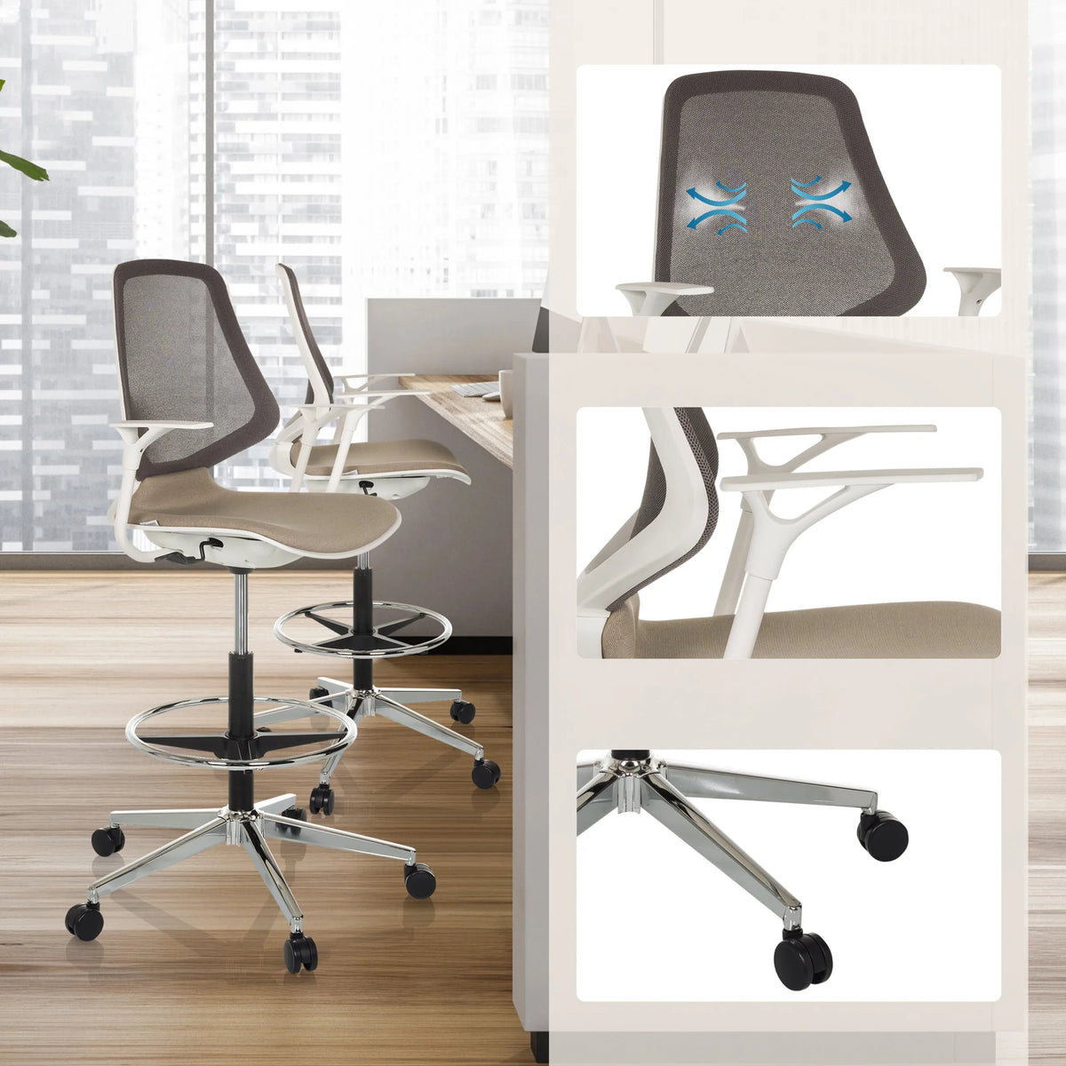 Counter chair TOP WORK STYLE in beige with mesh back, foot ring and chromed base on castors by hjh OFFICE