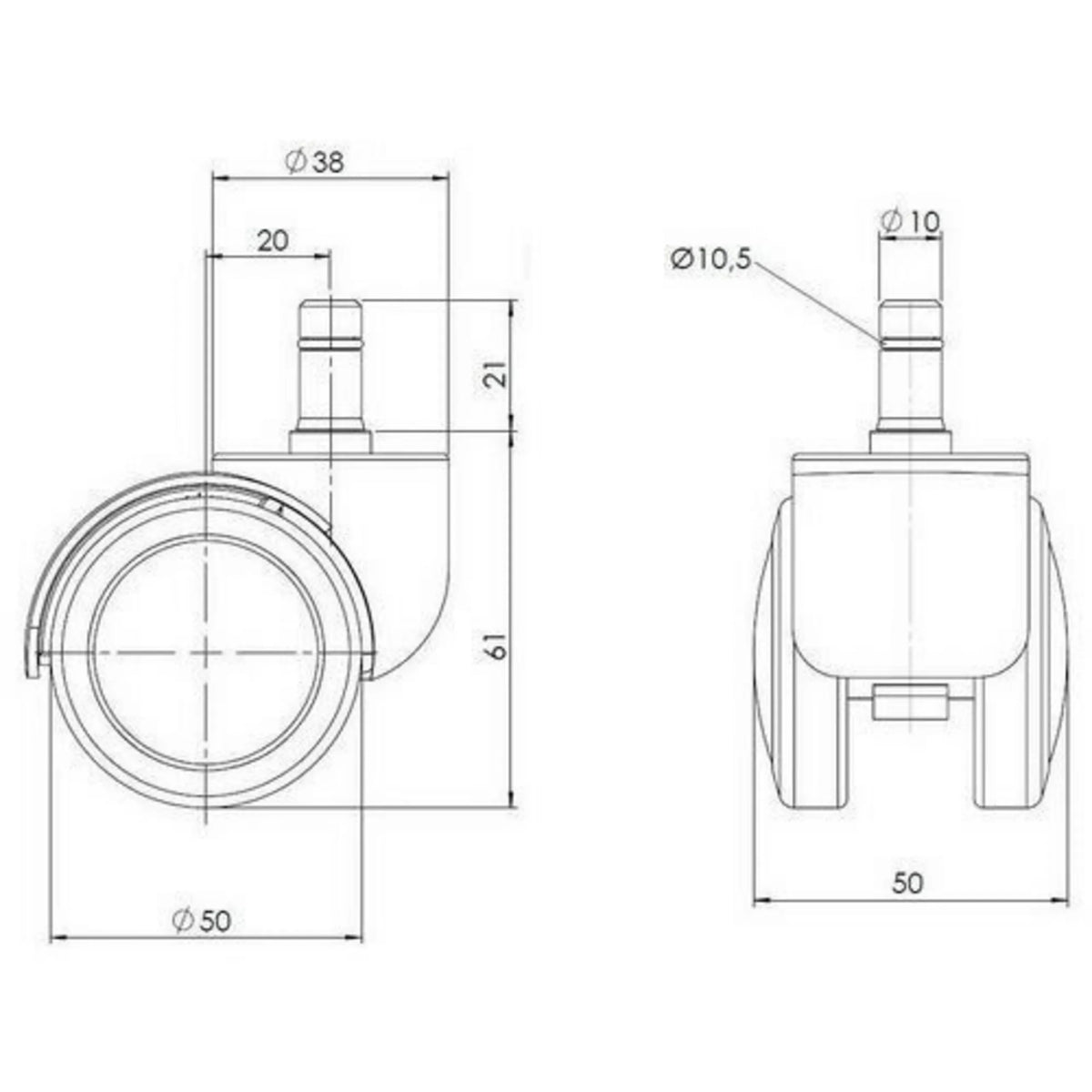 Technical drawing of the 50 mm diameter Castors 5x ROLO 10mm/50mm by hjh OFFICE