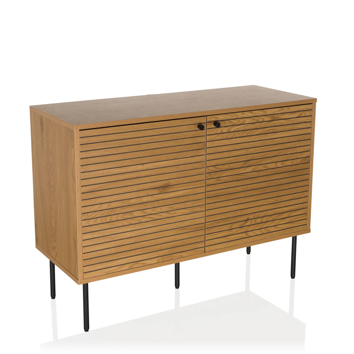 Sideboard LINNO S in oak with ribbed fronts and black metal legs by hjh LIVING – 360-degree view (front three-quarter view 30°)