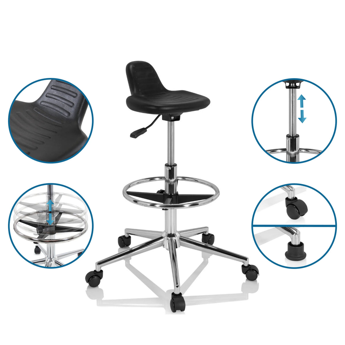 Black moulded seat and height-adjustable frame of the Swivel stool TOP WORK 03 I by hjh OFFICE