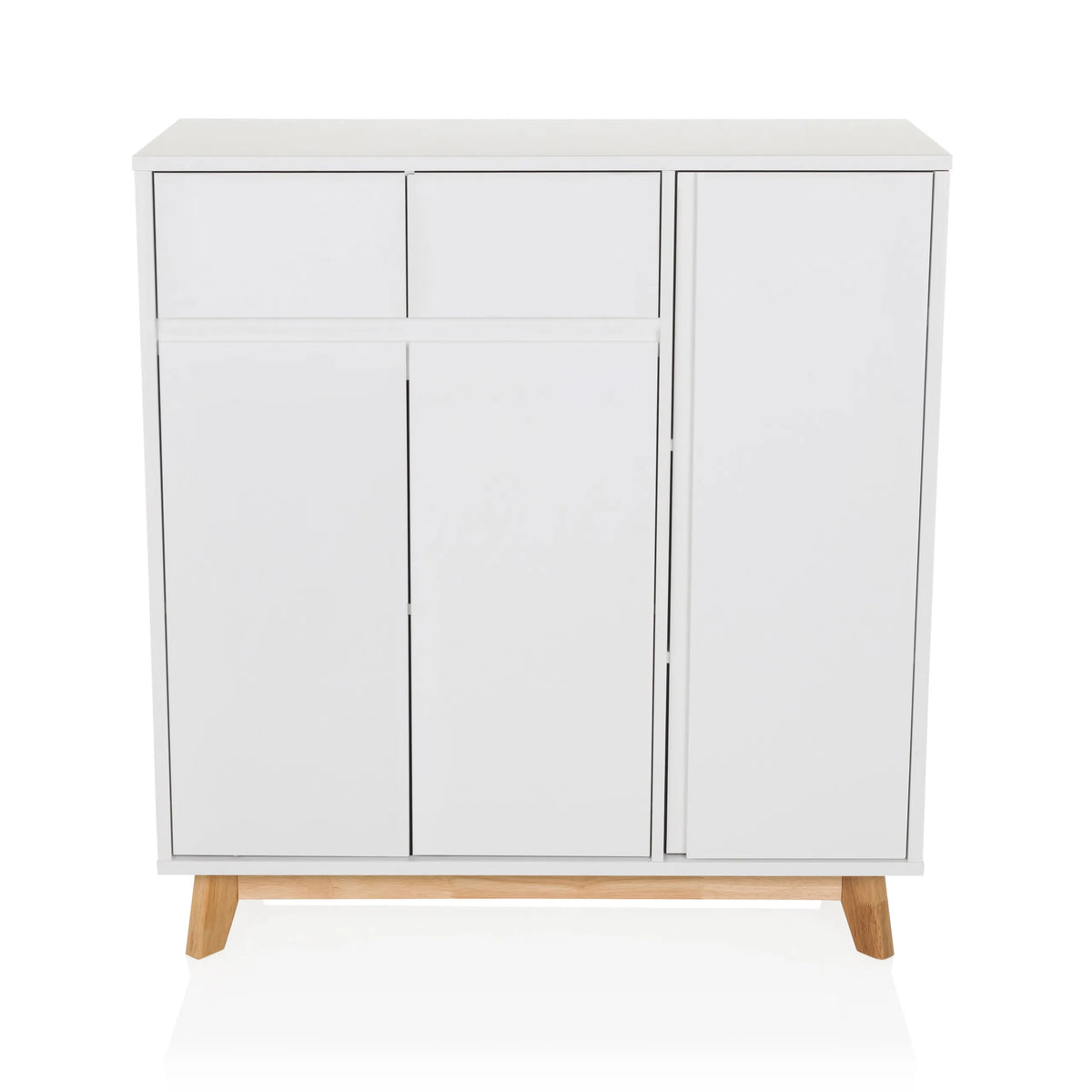 White Chest of drawers ESTHA with two drawers, three doors and light wood legs by hjh LIVING – 360-degree view (front view 0°)