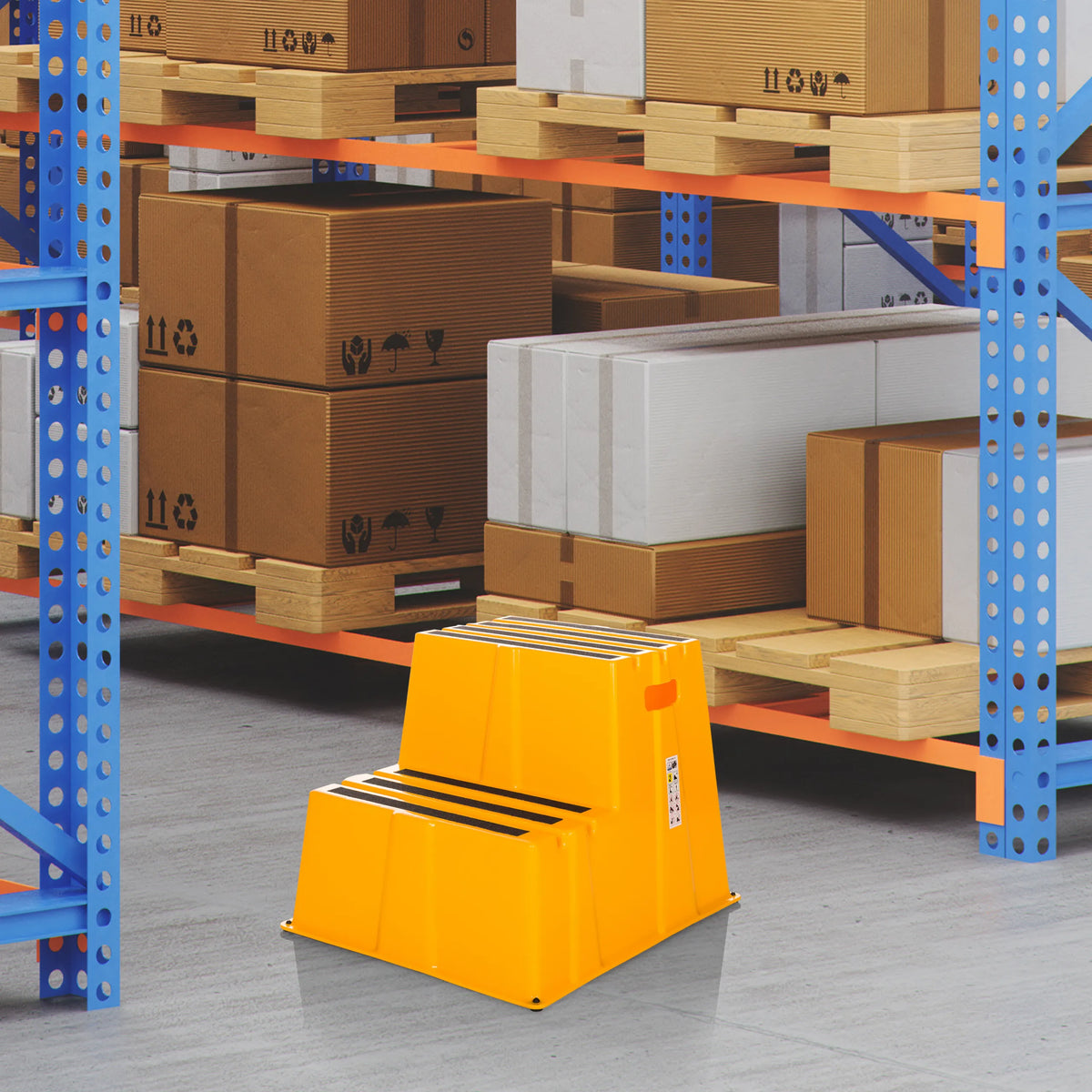 Yellow TIO-E2 step stool with two steps in front of a heavy-duty shelf in a warehouse by hjh OFFICE