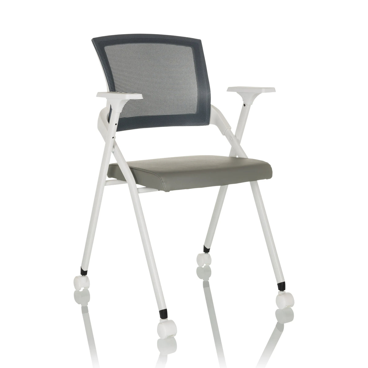 Grey Folding chair PRIORITY II W PU with mesh back, armrests and castors by hjh OFFICE – 360-degree view (front three-quarter view 30°)
