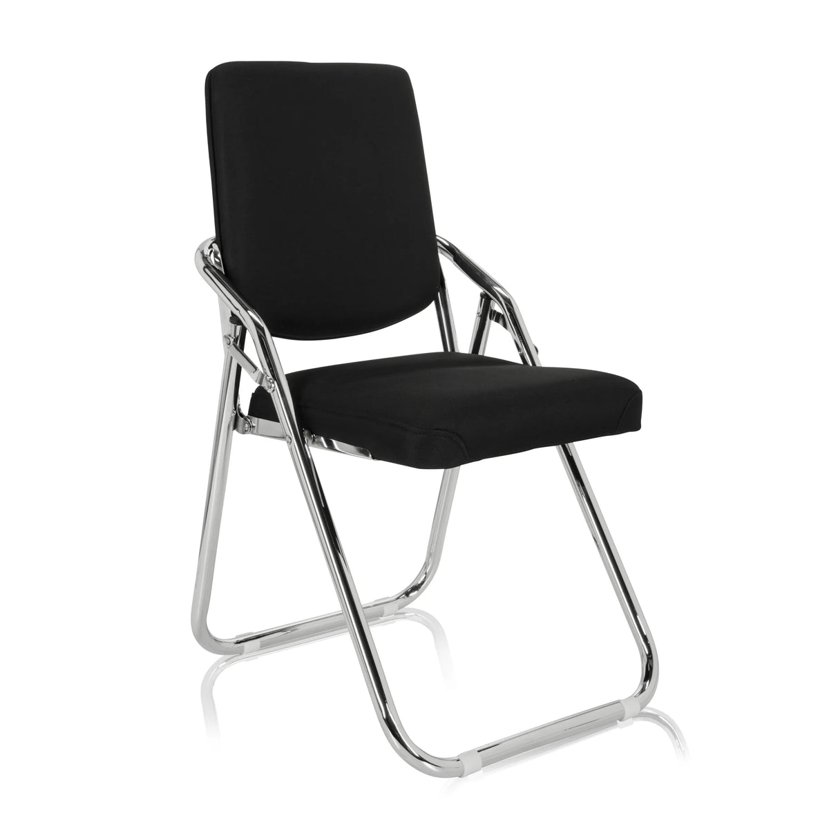 Black Folding chair ESTO with fabric cover and chrome frame by hjh OFFICE – 360-degree view (front three-quarter view 40°)