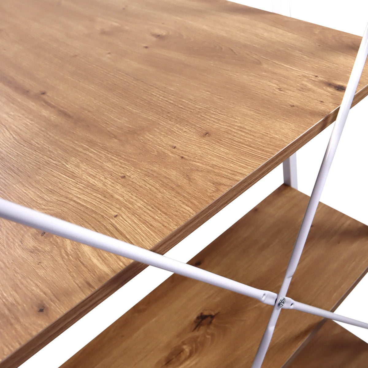 Wooden surface and white metal struts of the Easy Up3 office desk in oak look by hjh LIVING