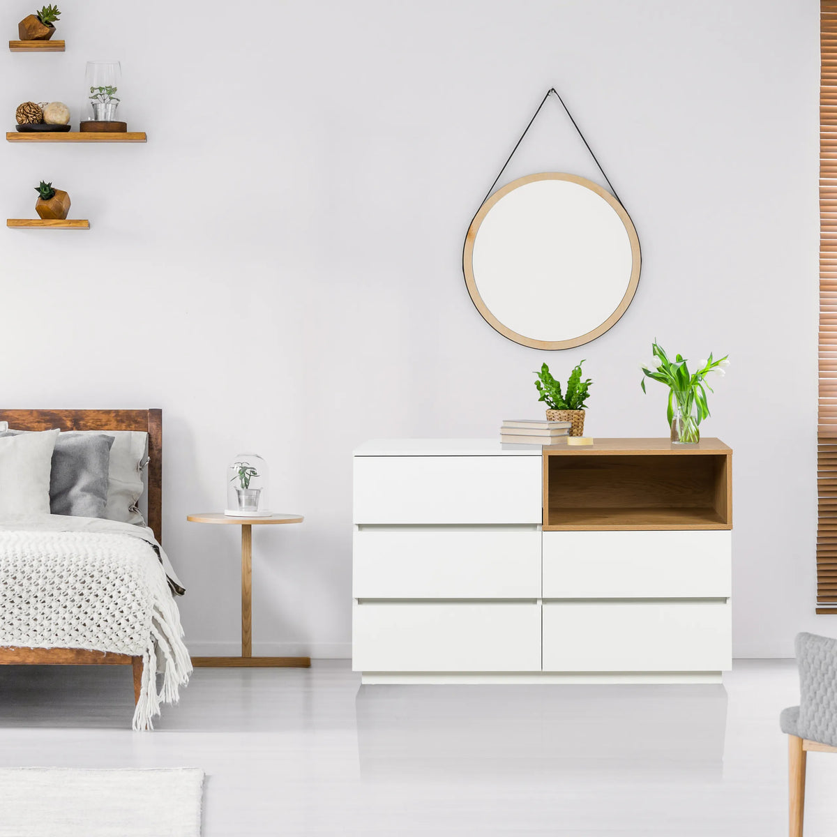 Sideboard MELMO S in white and oak with three drawers and an open shelf by hjh LIVING