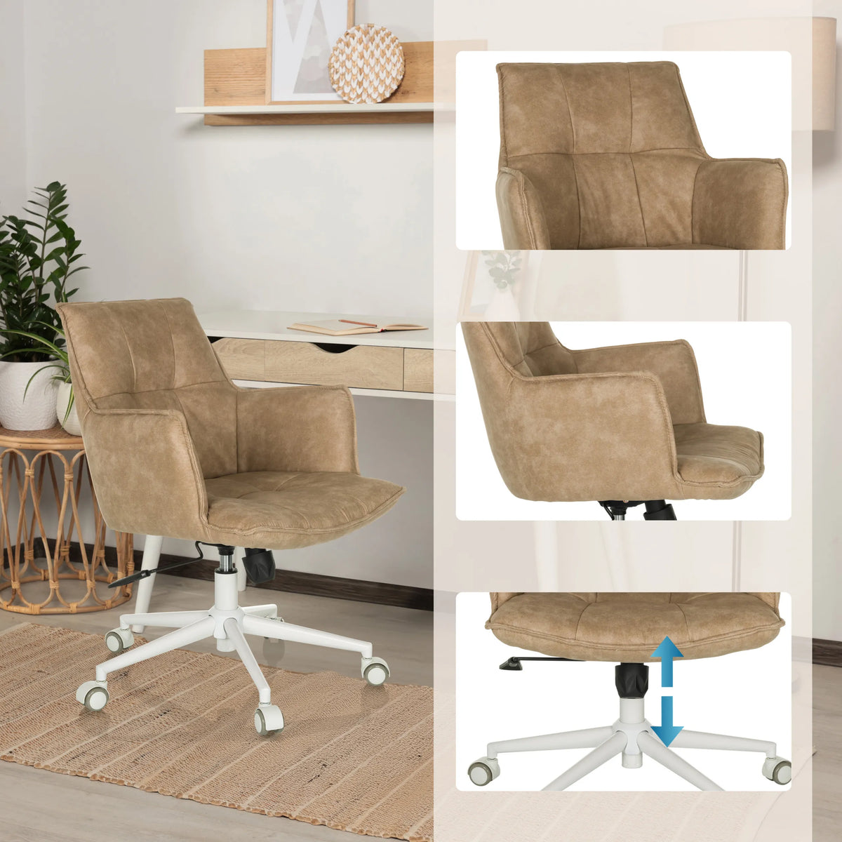 Beige Home Office Chair SOLAO LIFE W with height-adjustable seat and white base by hjh LIVING