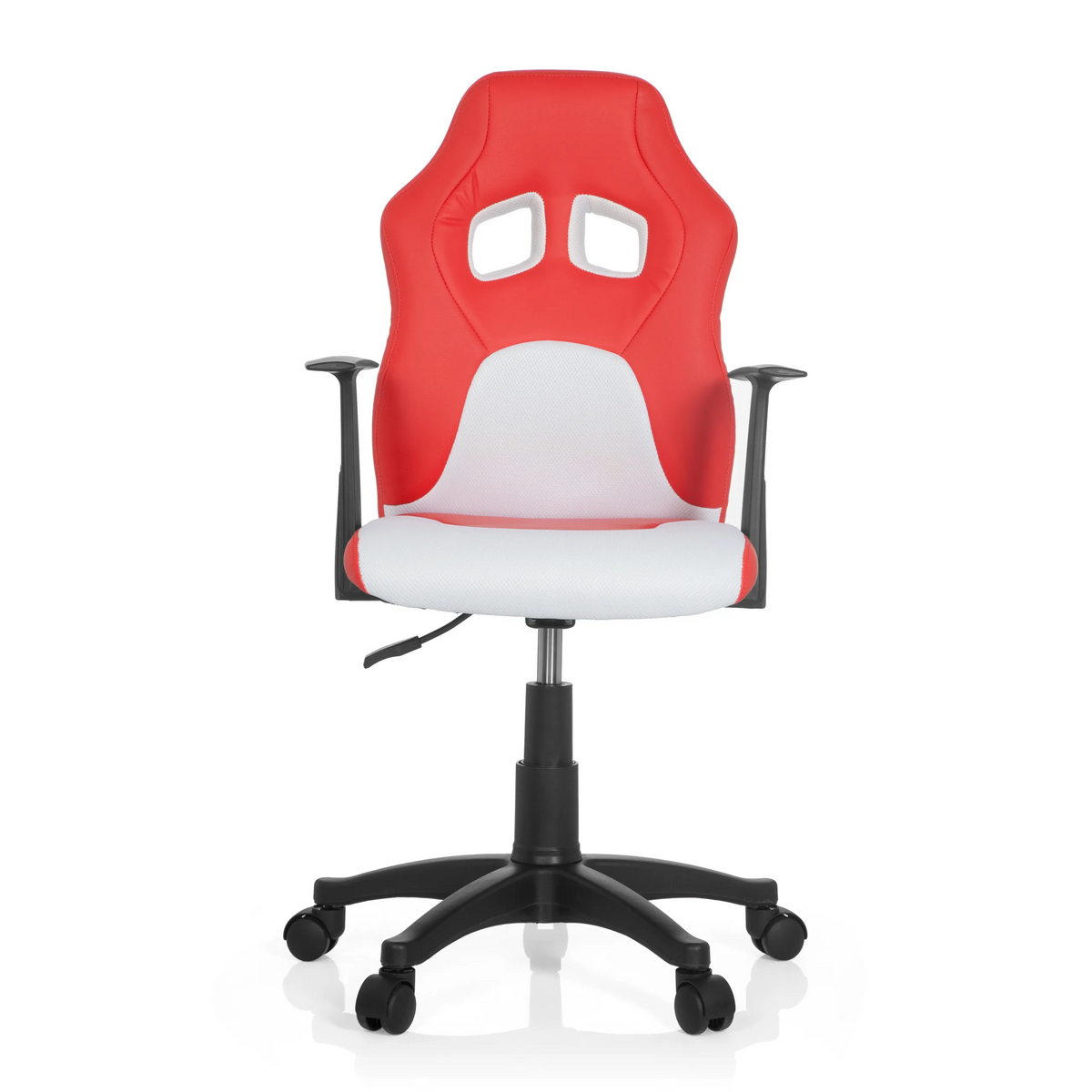 Red and white TEEN GAME AL swivel chair for children with armrests and black five-caster base by hjh OFFICE – 360-degree view (front view 0°)