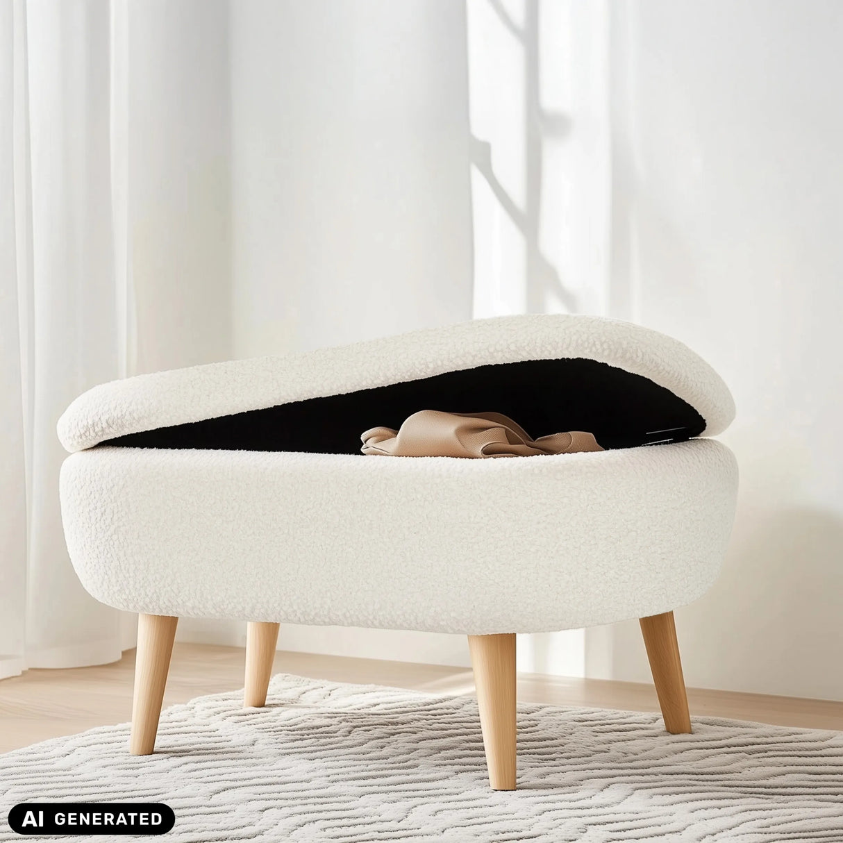 White STORIANO bench with integrated storage and wooden legs by hjh LIVING (AI-generated image)
