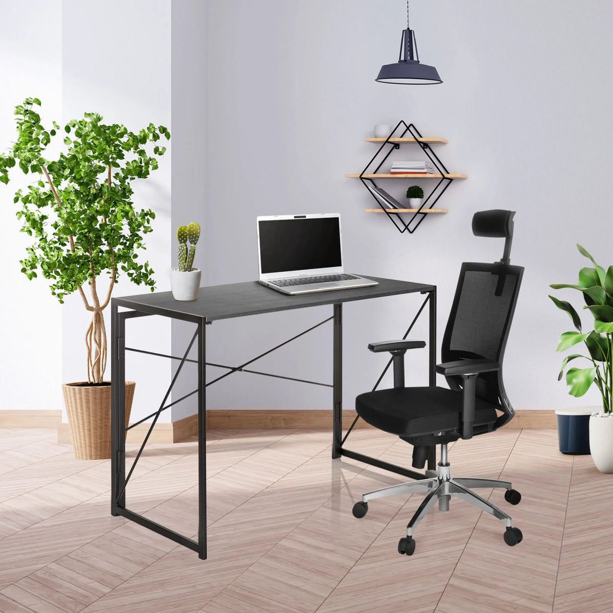 Black Folding desk EASY UP MULTI measuring 100 x 50 cm with a laptop by hjh OFFICE