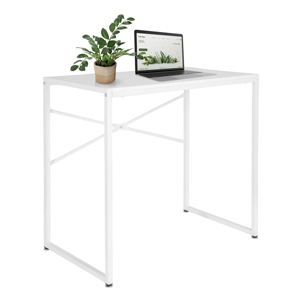 White Office Desk EASY UP H I with metal frame, a laptop and a plant by hjh OFFICE