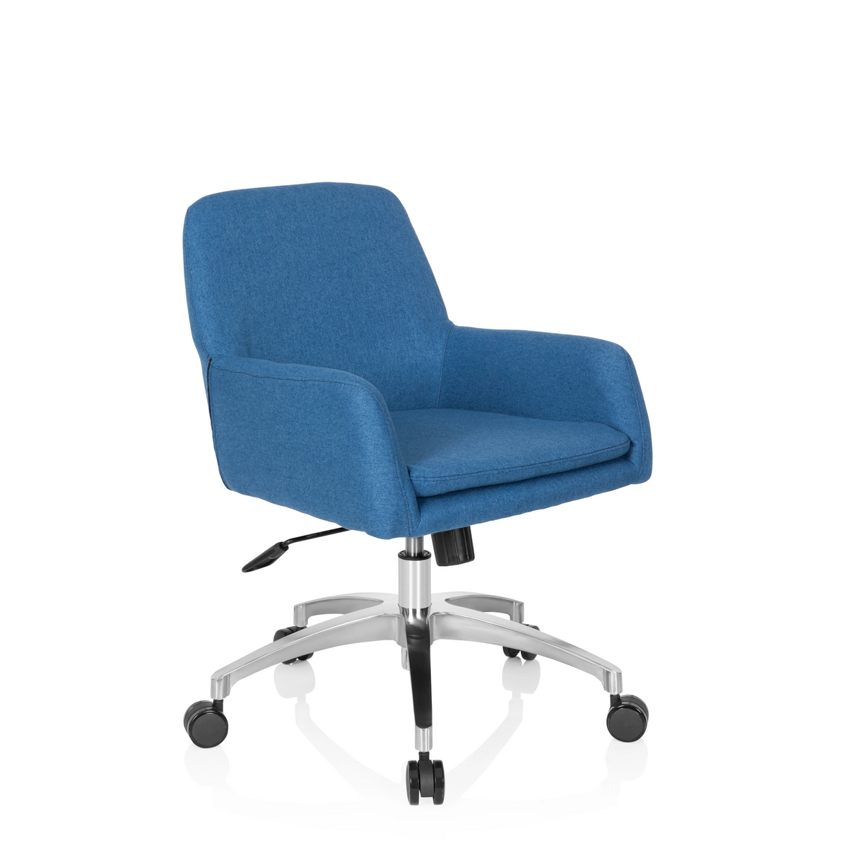 Blauer Homeoffice-Bürostuhl SHAKE 400 mit Armlehnen und Fußkreuz mit fünf Rollen von hjh OFFICE – 360-Grad-Ansicht (schräge Frontansicht 40°)