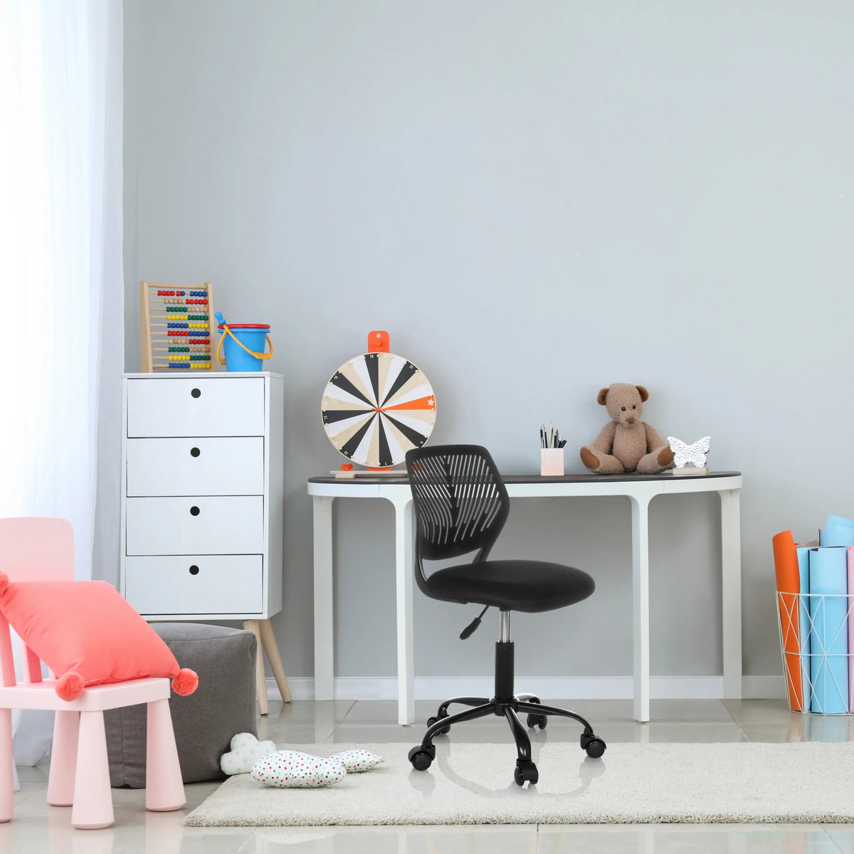 Black Swivel Chair – Children KID QB with mesh backrest and castors at a white desk by hjh OFFICE