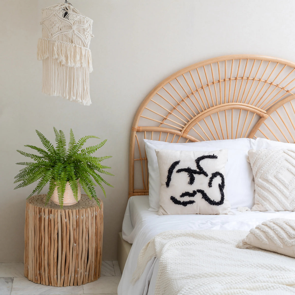 Green artificial plant Proliferum in a light-coloured pot on a round wooden side table by hjh OFFICE