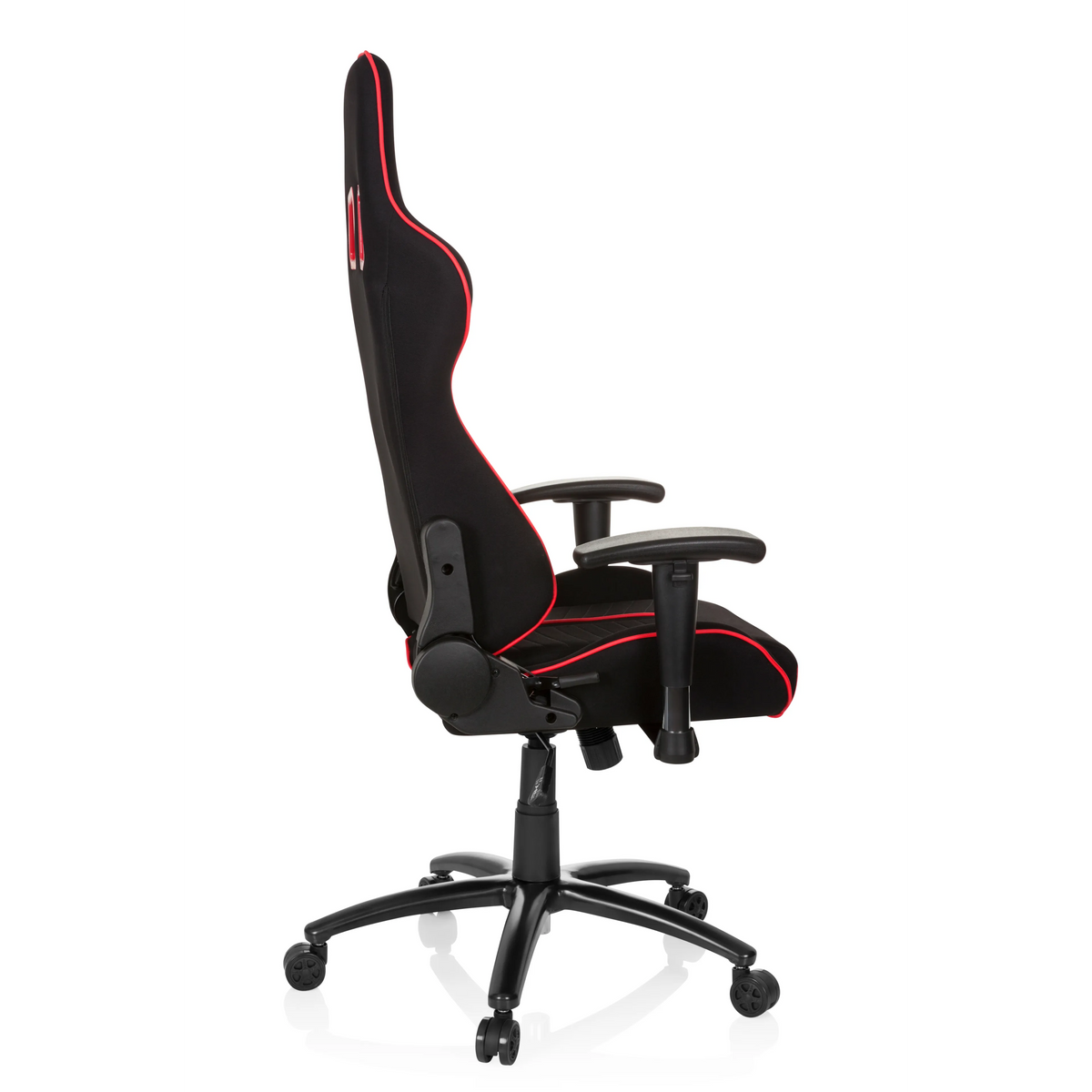 Black and red Gaming chair LEAGUE PRO I with two headrest openings and five-caster base by hjh OFFICE – 360-degree view (side profile 100°)