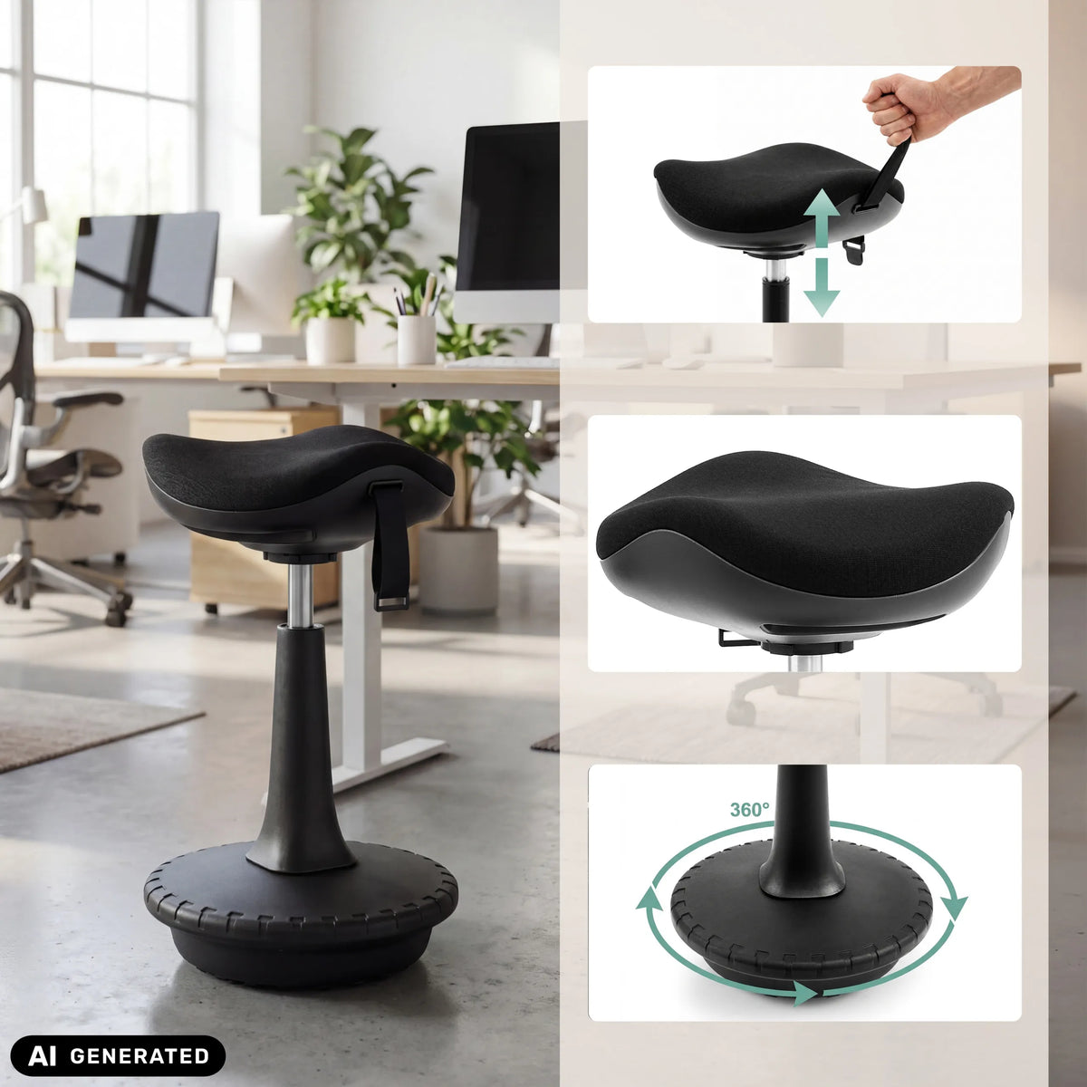 Height-adjustable seat and 360-degree swivel base of the Balance Sit Ergo standing aid by hjh OFFICE (AI-generated image)