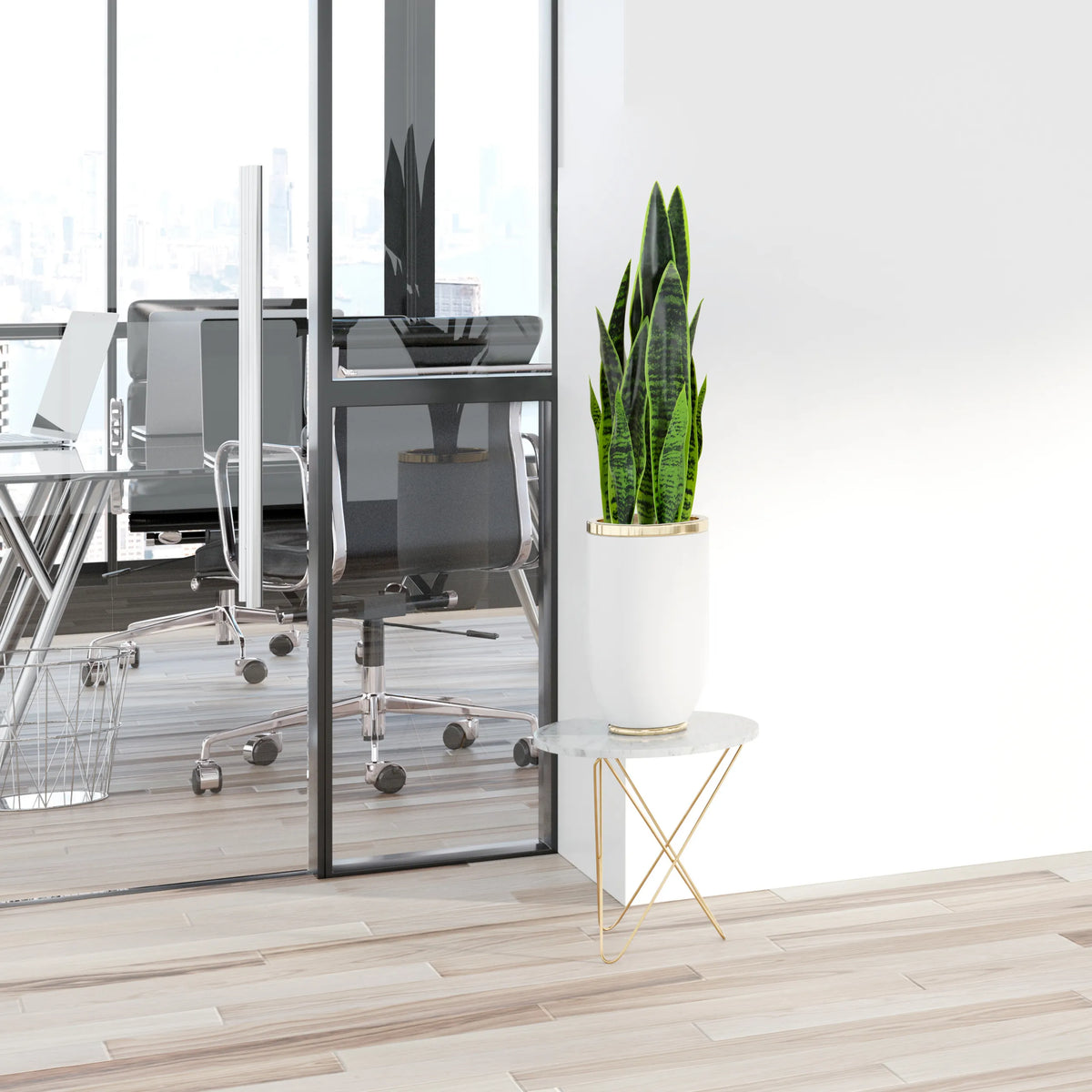 Green Artificial plant SANSEVIERIA in a white pot on a side table by hjh OFFICE