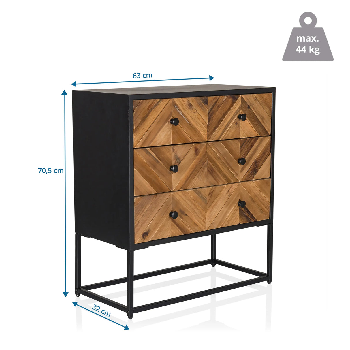 Dimensional view of the Sideboard SANTJAGO BLACK SUN L with 63 × 32 cm and a height of 70.5 cm by hjh LIVING