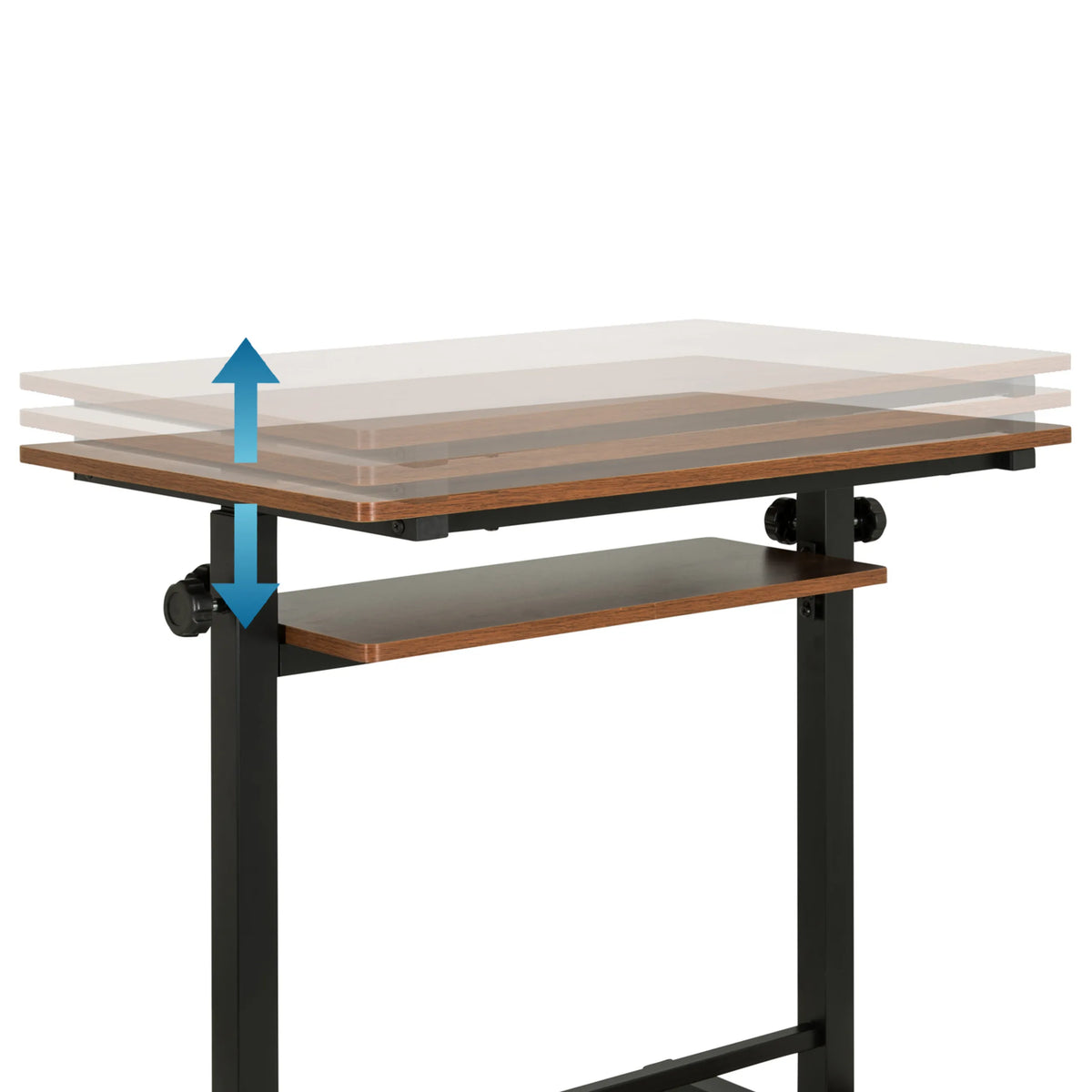 Height-adjustable tabletop of the WORKSTATION II standing desk in black and walnut by hjh OFFICE