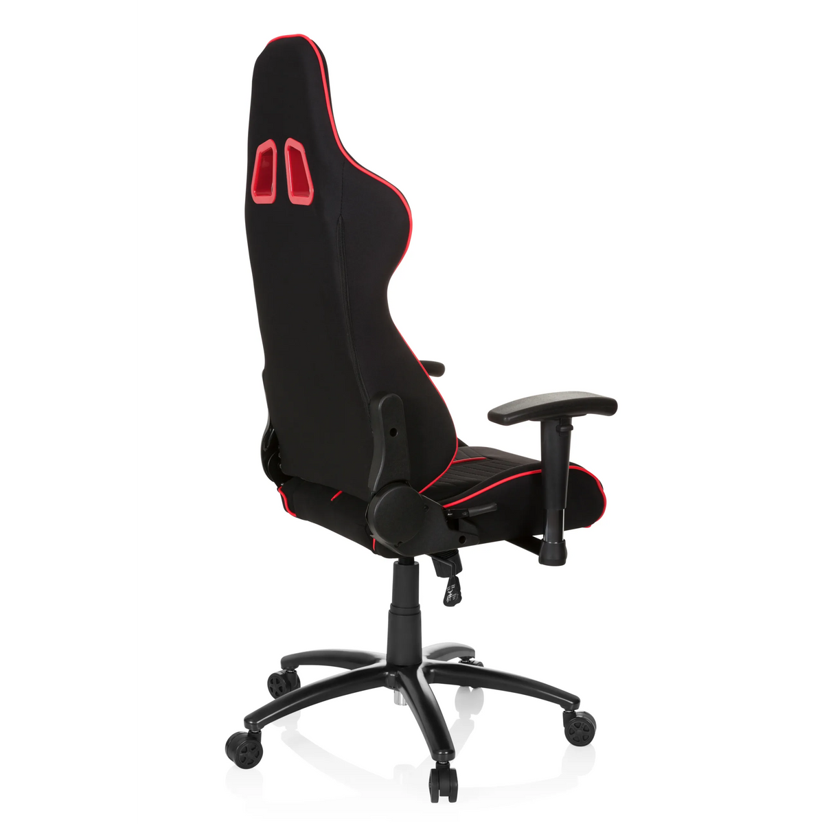Black and red Gaming chair LEAGUE PRO I with two headrest openings and five-caster base by hjh OFFICE – 360-degree view (rear three-quarter view 120°)