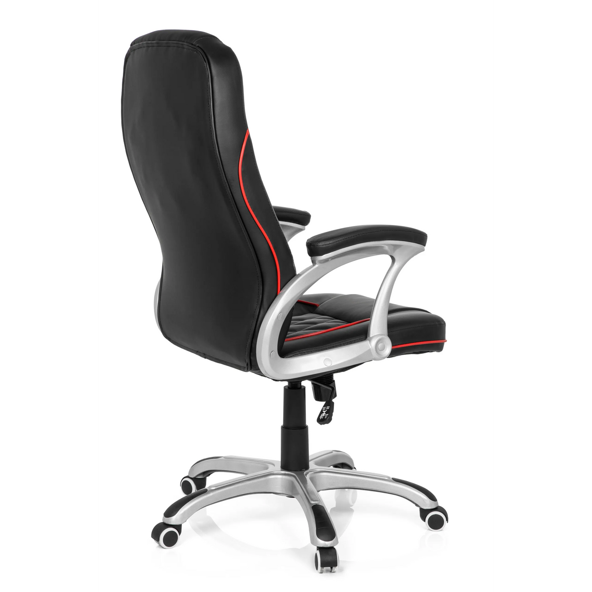 Black Gaming chair RELAX AB100 with red decorative stitching, quilting and five-caster base by MyBuero – 360-degree view (rear three-quarter view 120°)
